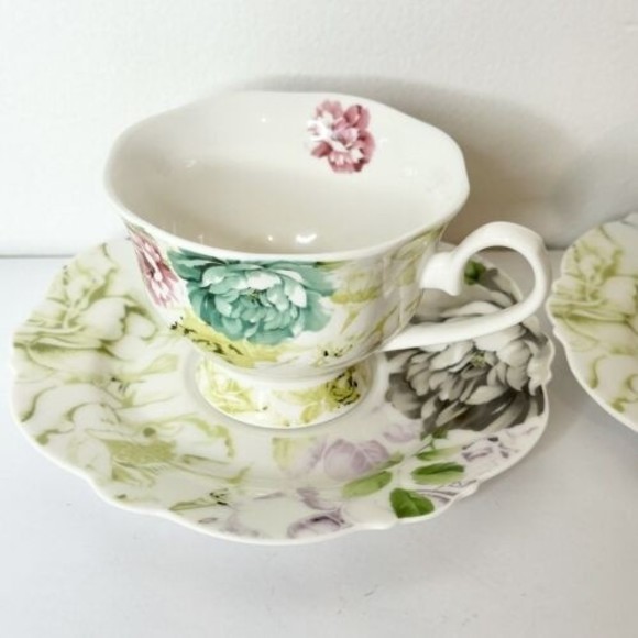 Pulchritudie Eileen's Peony set of 2 teacups & saucers Pink Blue Green 3 in - Picture 5 of 15